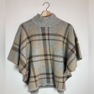 Note di Anita Plaid Poncho Sweater OS Merino Wool Cashmere Blend Mock Neck Gray